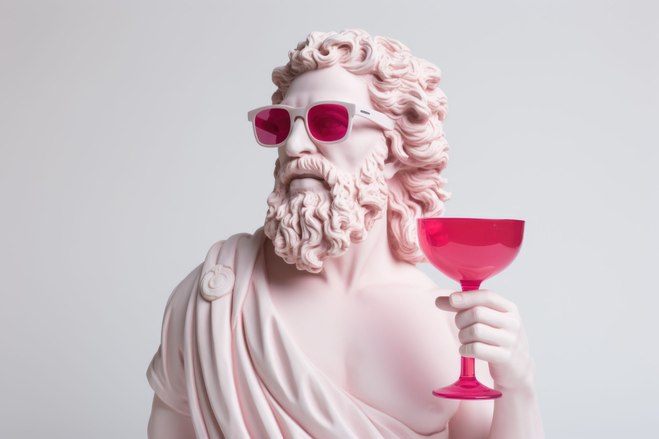 Greek bust of the god Dionysus wearing rose-colored glasses with a pink goblet on a white background.